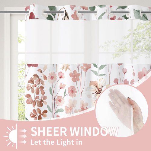 Litabel No Hook Pink Watercolor Floral Shower Curtain and Liner Set, Spring Flower Shower Curtains with Snap in Liner for Farmhouse Bathroom Decor, Botanical Bathroom Curtain with Leaves, 72x74
