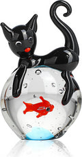 QFkris Blown Glass Black Cat Figurine - 1.6” Mini Glass Sculpture | Unique Cat and Fish Art Collectible for Home Decor & Gifts