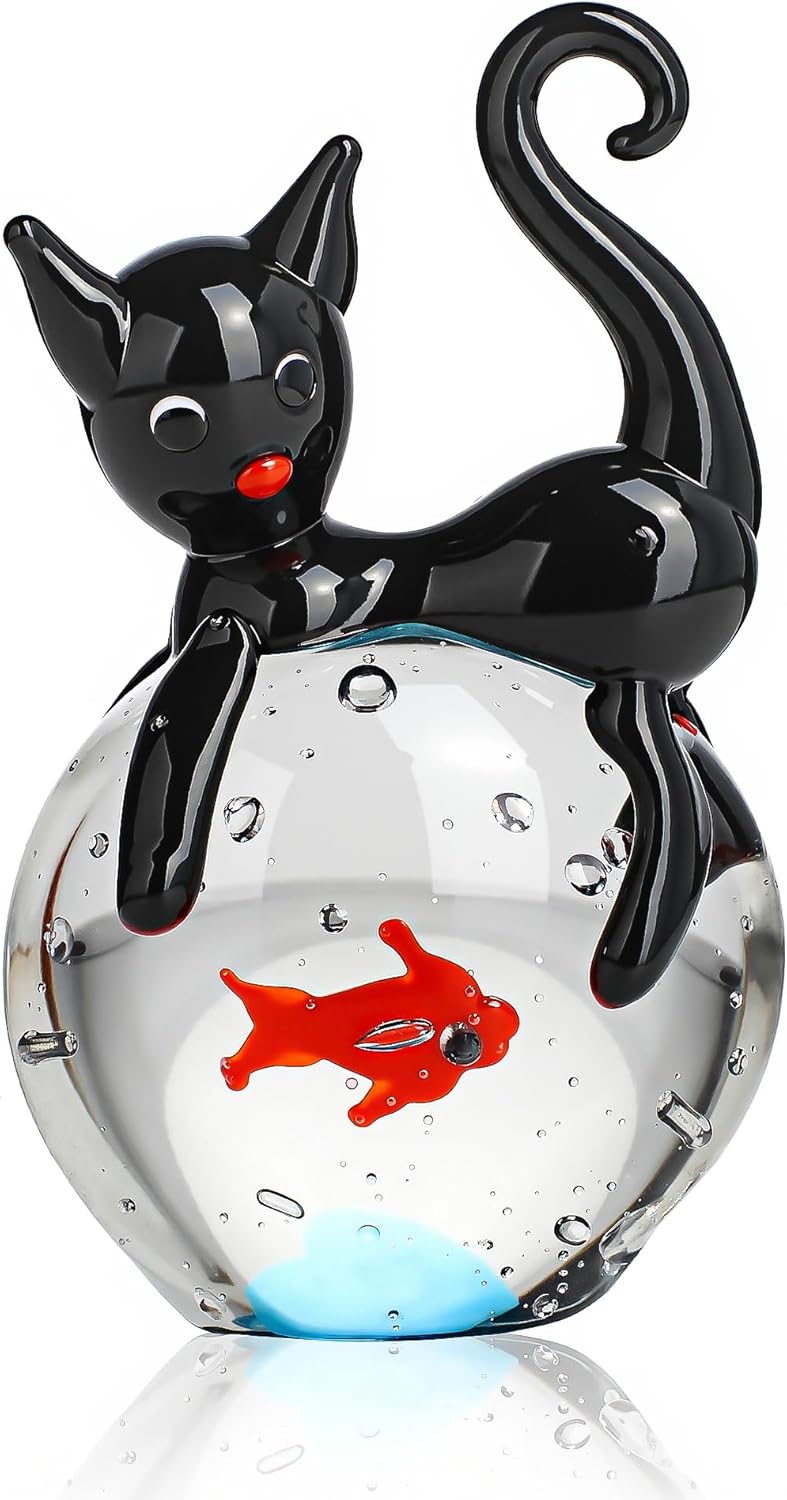 QFkris Blown Glass Black Cat Figurine - 1.6” Mini Glass Sculpture | Unique Cat and Fish Art Collectible for Home Decor & Gifts