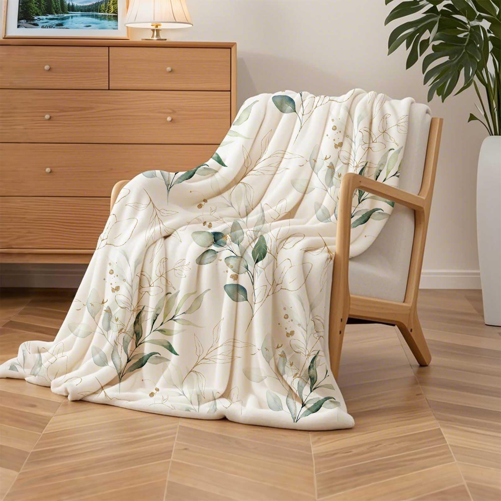Eucalyptus Leaf Blanket, Botanical Plants Throw Blanket, Soft, Flannel, Warm, Watercolor Floral Throw Blankets Green Botanical Floral Aesthetic Bed Blankets for Couch Bedroom Living Room 50X60 Inch