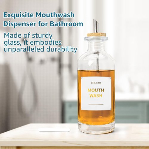 Glass Mouthwash Dispenser for Bathroom with Stainless Steel Nozzle, Reusable Mouthwash Cup and Elegant Gold Sticker(11.8OZ/Clear)