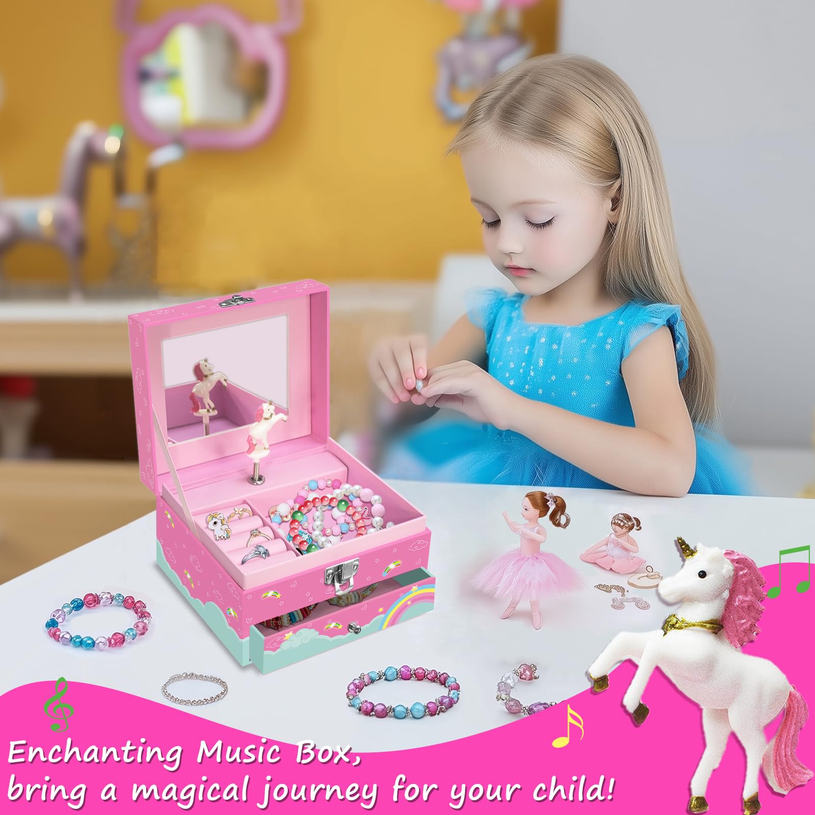 JOEKIKIMD Magical Unicorn Jewelry Box for Girls - Spinning Unicorn with Jewelry Drawer - Kids Music Box 6-12 Birthday Easter Christmas Gift, 5.9 x 5.1 x 3.5 Inches