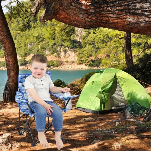 Emily Rose Kids Folding Beach Camp Chair with Safety Lock - Camping Travel Chair for Boys Girls Toddlers Ages 2-7 with Cup Holder & Carry Case (Blue Camo) Indoor Outdoor Lightweight USA Brand