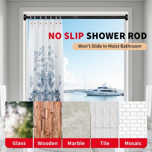 Emlaoe Black Shower Curtain Rod 34-66 Inches Never Rust Stainless Steel Tension Curtain Rod Adjustable Shower Rod Spring Tension Non-Slip No Drilling Shower Rods for Bathroom Window