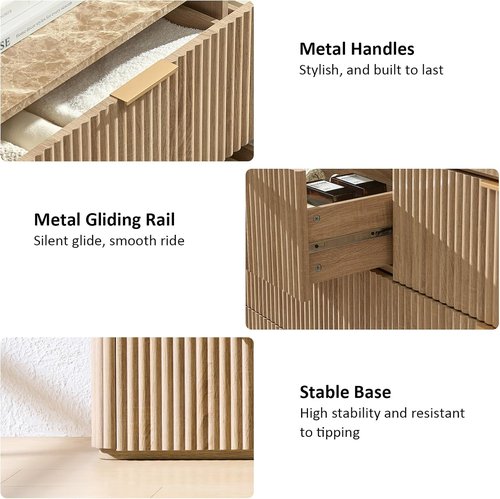 Fluted Dresser with Faux Marble Top - 6 Drawer Chest for Bedroom | Curved Design in Natural Oak