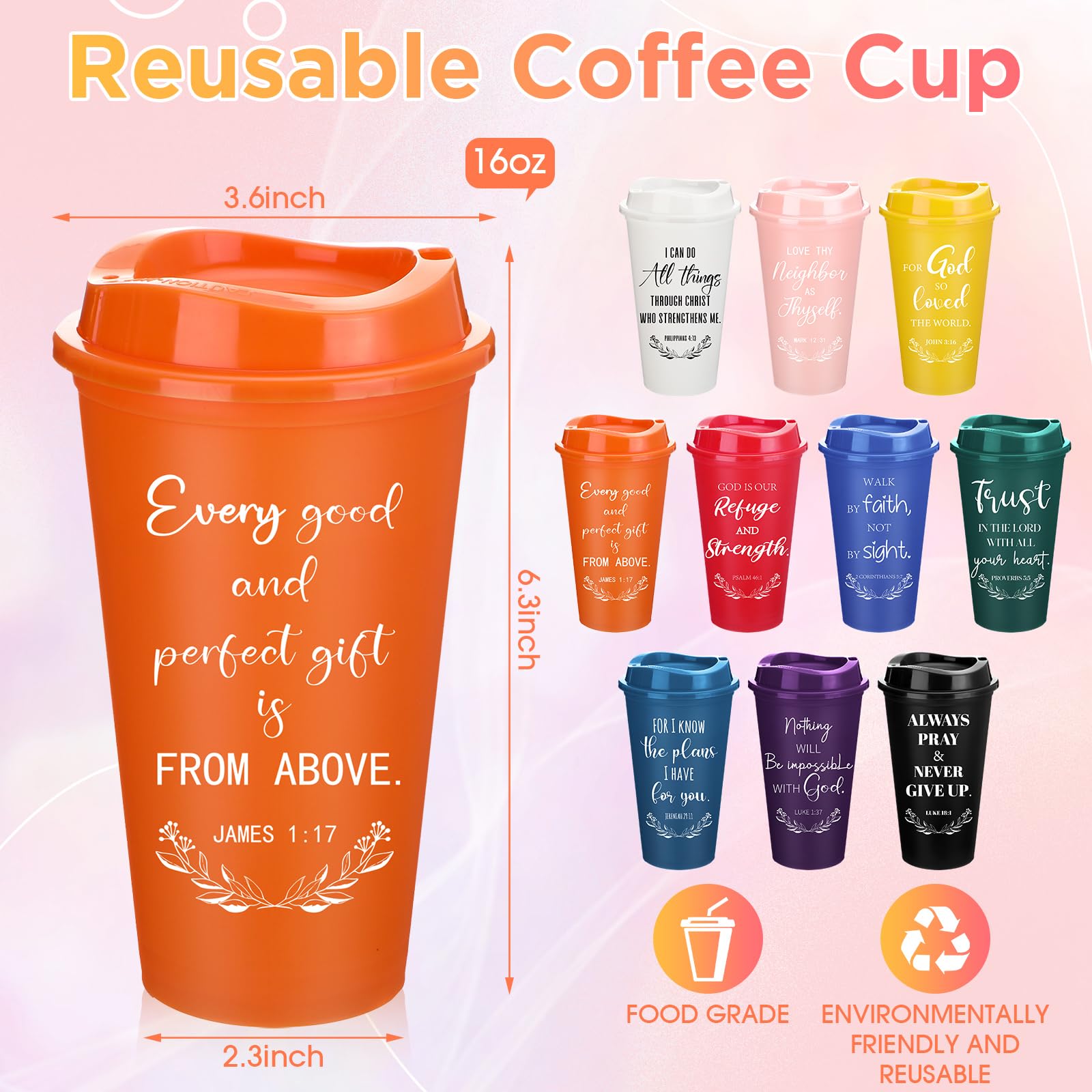 Skylety 20 Pack Christian Gifts for Men Women 16oz Reusable Bible Verse Tumbler Bulk Plastic Coffee Cup with Lid Inspirational Religious Church Gift for Mother Father Birthday (Multicolor)
