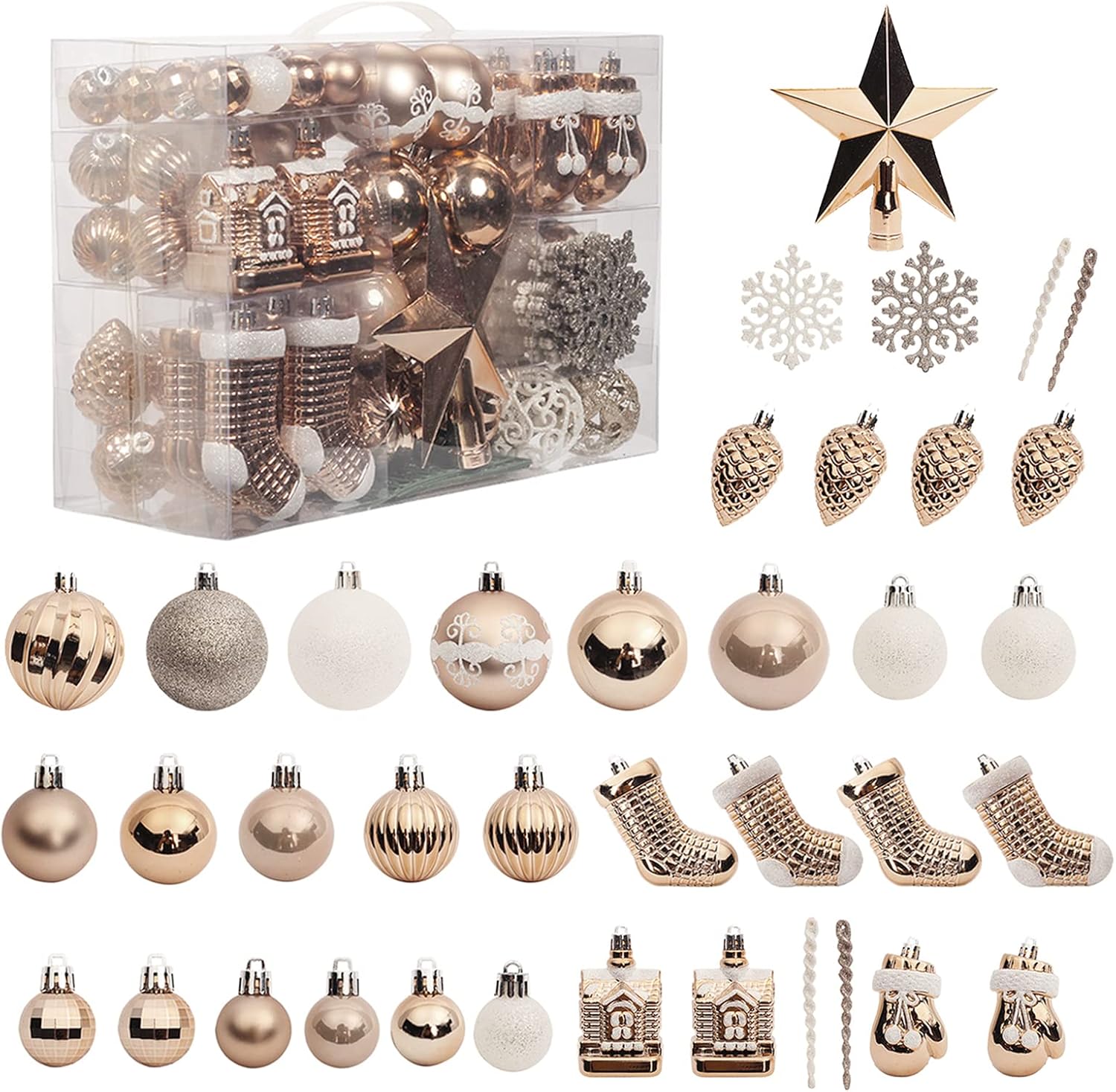Roseleaf 132-Pc Traditional Christmas Tree Ornament Set - Shatterproof White & Blue Accents