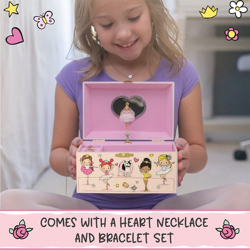 Furry Smile Ballerina Musical Jewelry Box for Girls - Glow In The Dark - Organizer with Heart Necklace and Bracelet Set - Cute Ballerina Music Box for Little Girls