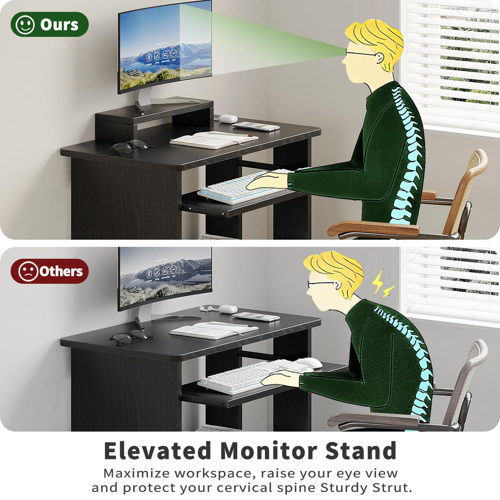 ALISENED 30" Small Computer Desk with Keyboard Tray Monitor Stand, Study Writing Desk with Storage Shelves, Modern Workstation for Small Spaces, Save Space, Black A