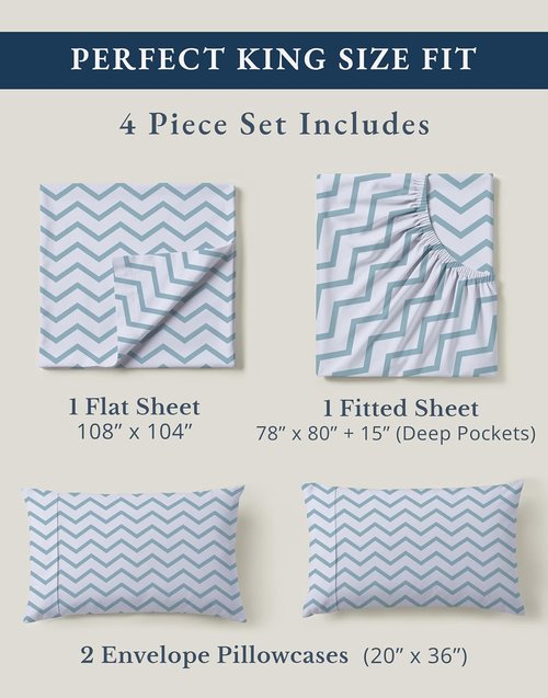 LANE LINEN King Sheets - 100% Organic Cotton Percale Bedding Set | Soft, Comfy & Temperature Regulating - Chevron Design