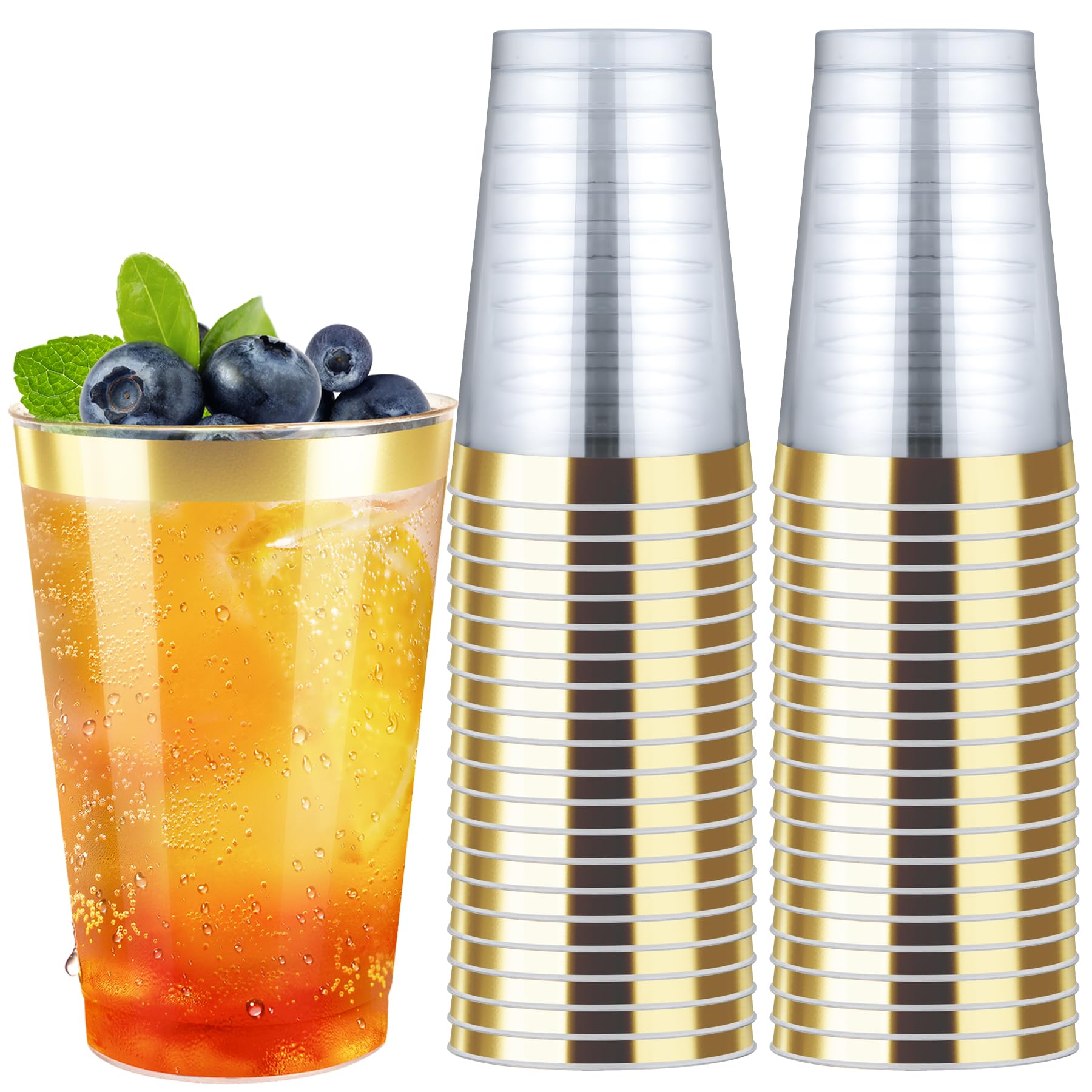 Byvivace 50counts 9 OZ. Disposable Cups Old fashioned Party Tumblers, 9 Ounce Squat Cups Gold Wine Glasses Hard Plastic Cups with Gold Rim