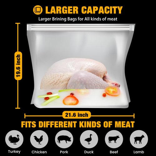 Brining Bag for Turkey Under 18lbs, 2 Pack, 21.6''x19.6'', Double Zip-lock Seal Turkey Brine Bags, Thickened Brine Bag with 2 Cotton Strings Hold up 30lbs