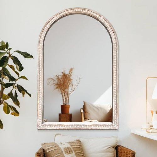 AMOISE Arched Vanity Wall Mirror 36 x 24 Inch Beaded Wood Frame Boho Farmhouse Decorative Mirror for Bathroom Bedroom Entryway Living Room