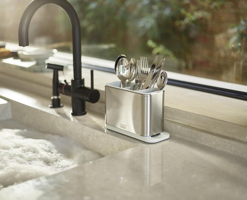 Joseph Joseph Surface Kitchen Sink Silverware Drainer, Utensil Cutlery and Kitchen Gadgets Holder with Draining Base, Stainless Steel, Gray