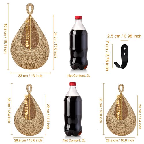 Hanging Fruit Basket for Kitchen, 3 Pack Wall Hanging Fruit Baskets with 3 Hooks, Boho Hanging Wall Basket, Hanging Kitchen Baskets for Fruits, Vegetables and Onion Storage, Linen