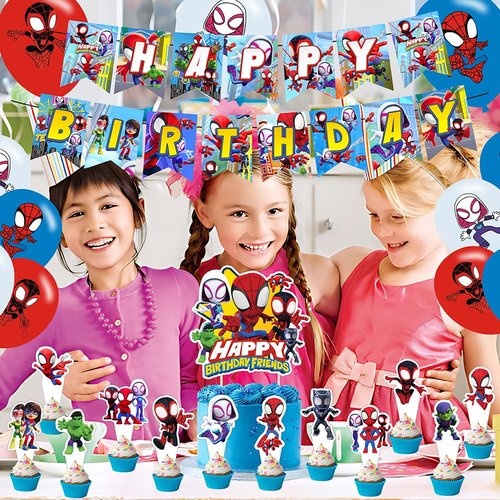 Spider and His Friends Birthday Decorations,Spider and His Friends Party Supplies Include Happy Birthday Banner, Cake Topper and Cupcake Toppers, Balloons for Kids Party Decor