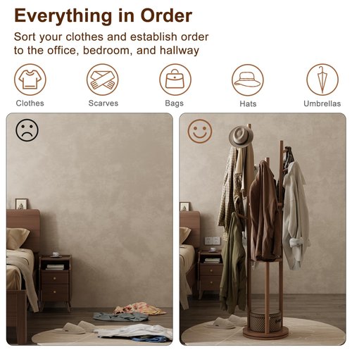 Muwuele Solid Wood Rotary Coat Rack, Freestanding Coat Rack with 3 Shelves and 9 Hooks, Coat tree for Bedroom, Entryway, Livingroom, Coat Hanger Stand for Coats, Scarves, Handbags (Walnut)