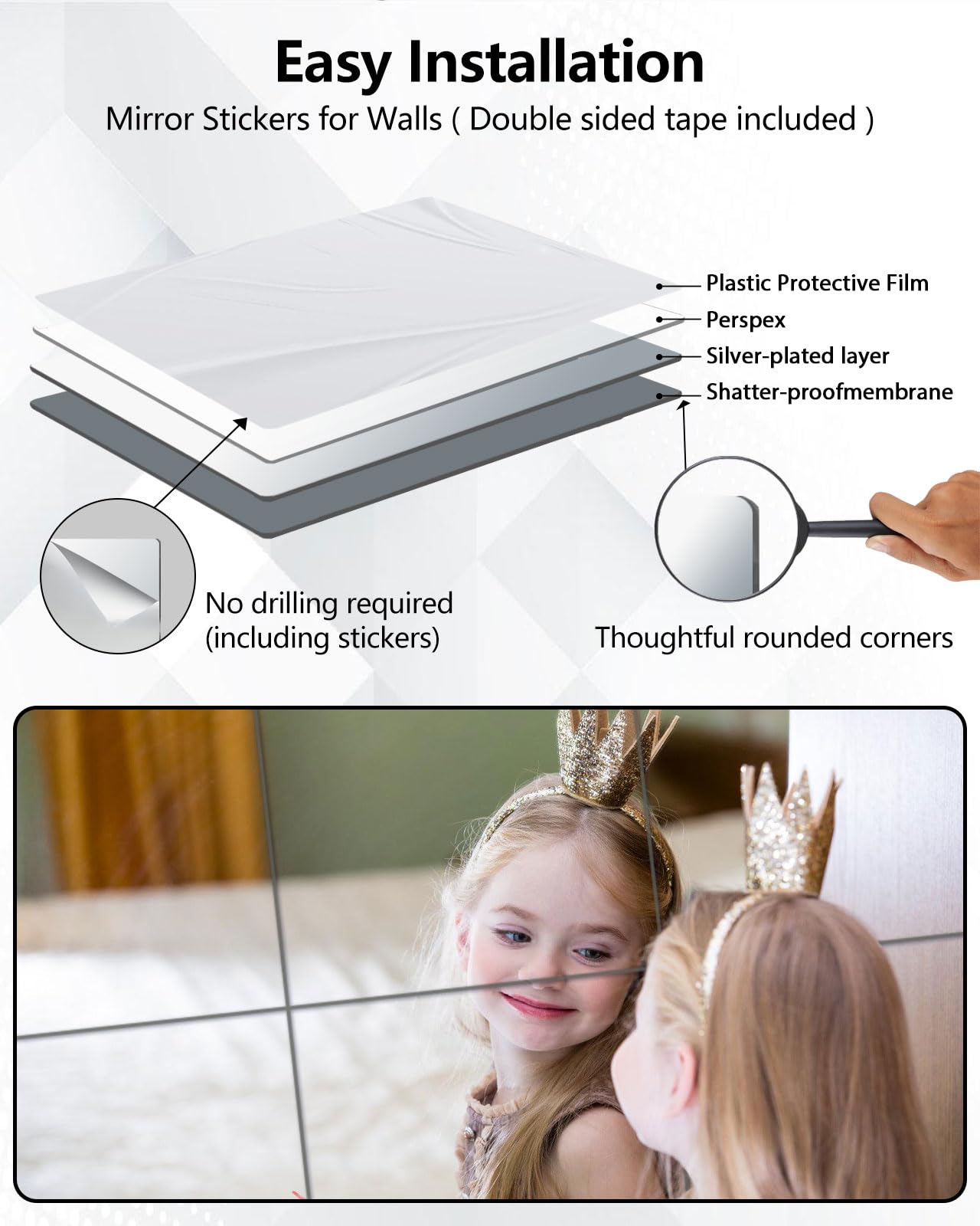 Unbreakable Mirror Tiles, 4PCS 10”x10” Peel And Stick on Mirror for Wall Mirrors Decorative, Toddlers for Kids Bedroom, Plastic Gym Frameless Door Small Adhesive Mirrors for Classroom Decor Stickers