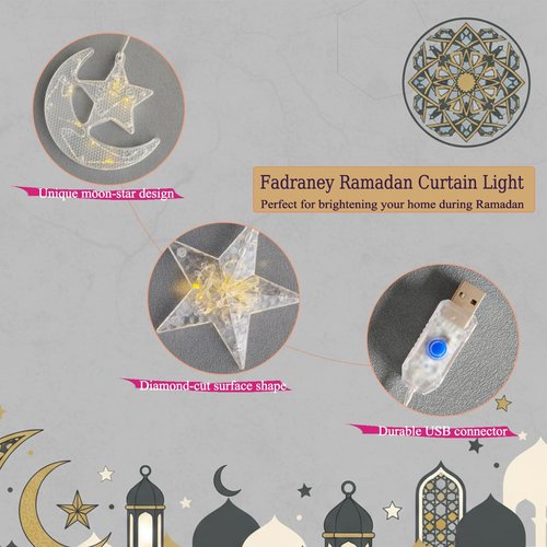 Fadraney Ramadan Curtain String Lights, 110 LED Warm White Window Lights with 10 Hanging Star & Moon Ornaments, 8 Modes Plug-in Star Moon Window Decor for Ramadan Eid Mubarak Home Balcony Mandir