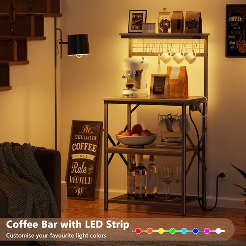 Furologee Bakers Rack with Power Outlet and LED Light, Small Coffee Bar Station with 4 Tier Shelves, Microwave Stand Table with 6 S Hooks, Kitchen Storage Rack for Spices, Pots, Black Oak