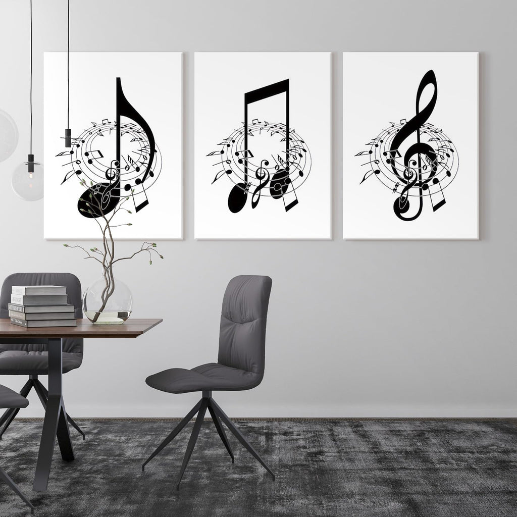 Skiennix Framed Music Notes Wall Art - Stylish Black & White Canvas Prints | 12x16in (Set of 3)