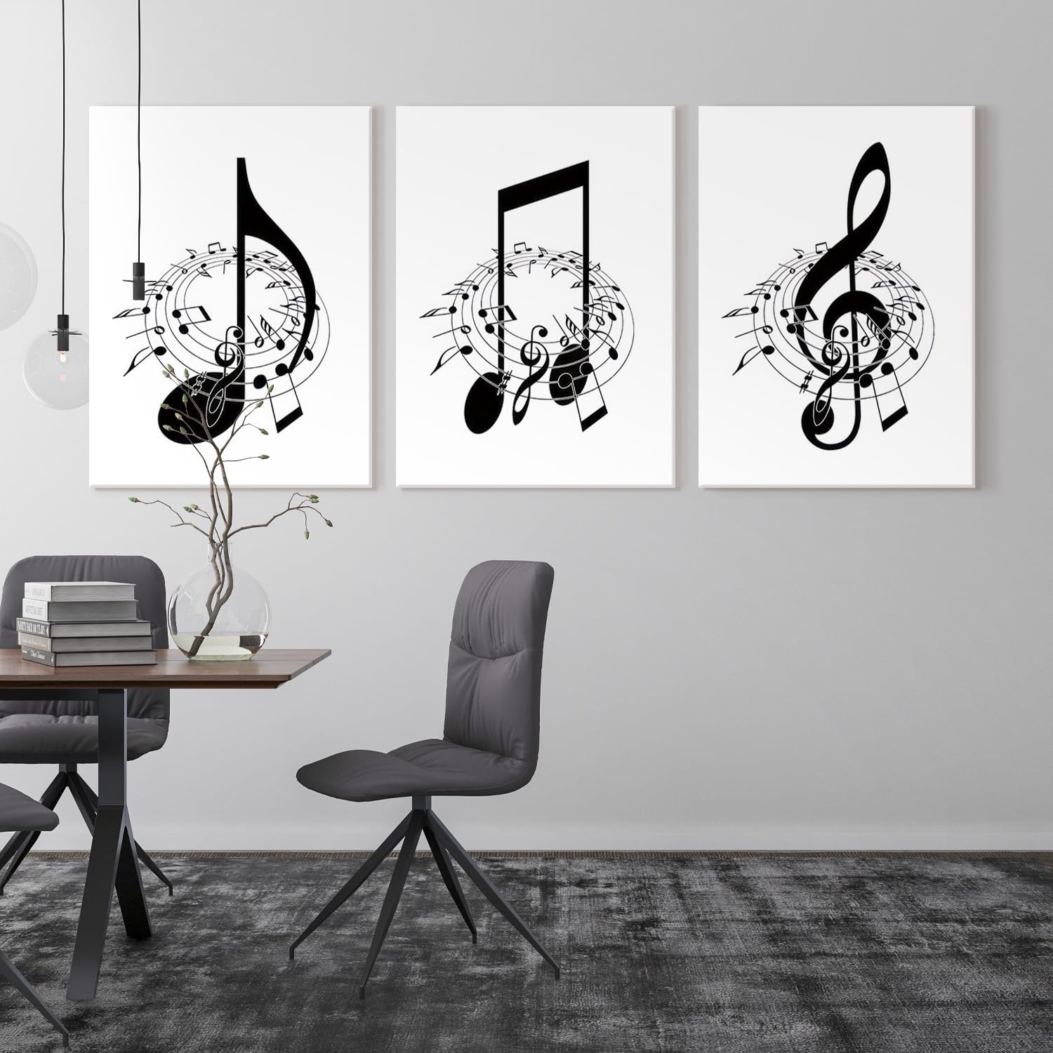 Skiennix Framed Music Notes Wall Art - Stylish Black & White Canvas Prints | 12x16in (Set of 3)