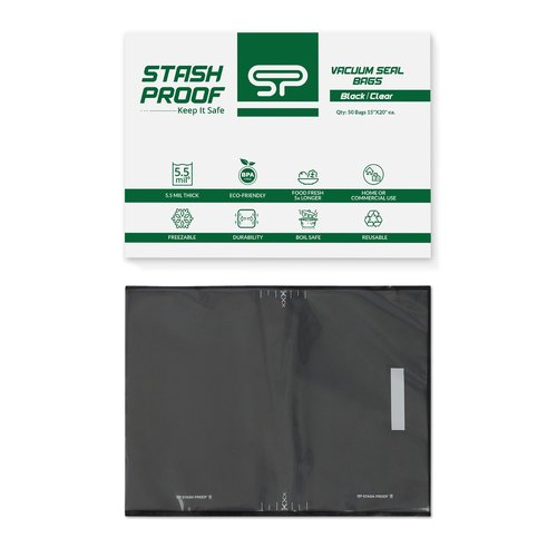 Stash Proof Vacuum Seal Bags 15" x 20" (50 Count) 5.5 Mil (Black and Clear) - BPA Free Commerical Grade Food Saver for Storage, Sous Vide, and Meal Prep Sealer Bag