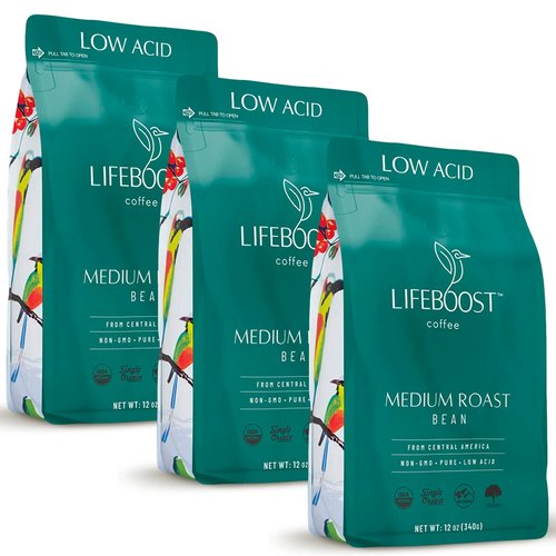 Lifeboost Medium Roast Whole Bean Coffee - Low Acid Organic Coffee, Non-GMO, USDA Organic, Single Origin, Third-Party Tested for Mycotoxins & Pesticides - 12 oz, Pack of 3