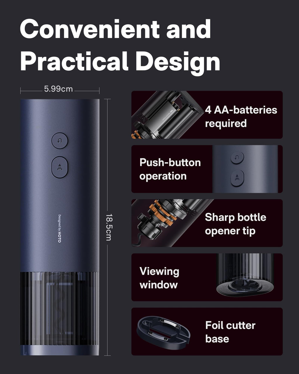HOTO Electric Wine Opener, Automatic Bottle Opener with Foil Cutter, Uncorks 170+ Bottles, 10s Instant Opening, Battery Operated Corkscrew Wine Opener, Perfect Ideal for Wine Lover Wedding Party Home