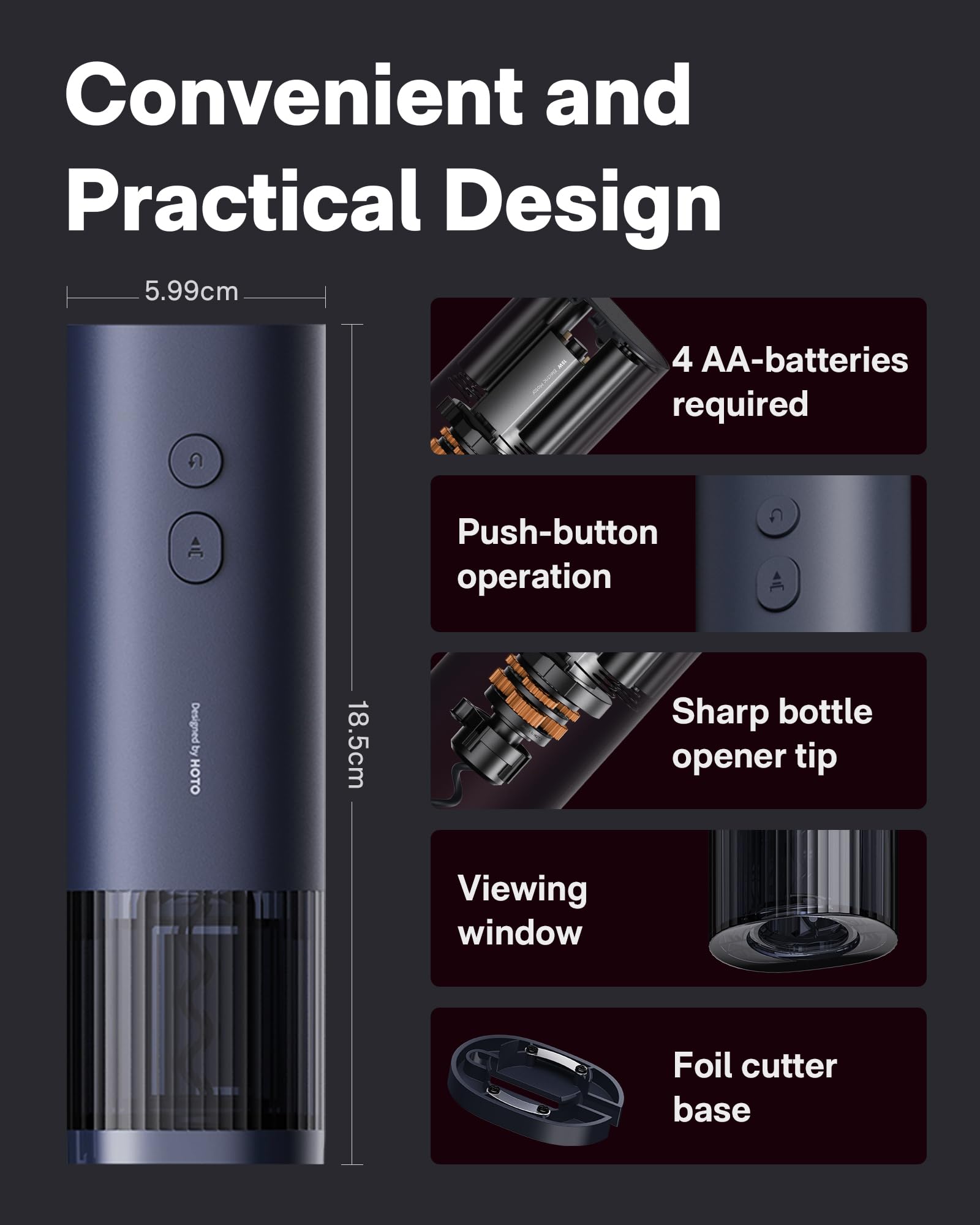 HOTO Electric Wine Opener, Automatic Bottle Opener with Foil Cutter, Uncorks 170+ Bottles, 10s Instant Opening, Battery Operated Corkscrew Wine Opener, Perfect Ideal for Wine Lover Wedding Party Home