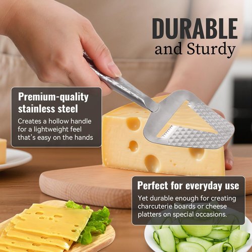 Stainless Steel Cheese Slicer – Effortless Slicing for All Cheeses – Premium Handheld Cheese Cutter – Cheese Plane for Block Cheese – Quilted Pattern Reduces Resistance, Non-Stick & Ergonomic Grip
