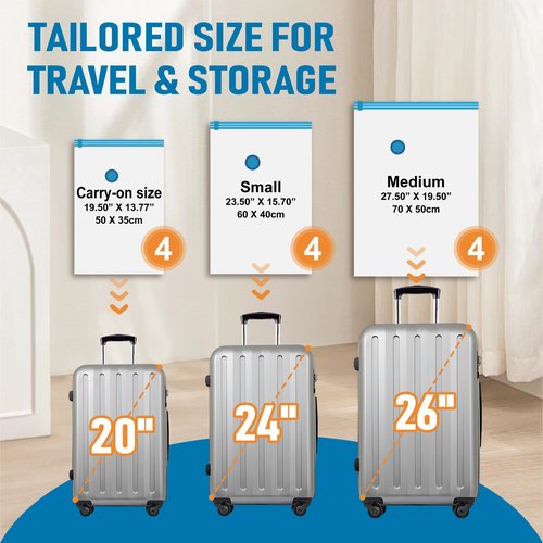 Roomimaster Travel Vacuum Storage Bags with Electric Pump, 12 Combo Travel Packing Bags for Luggage and Suitcase, Carry-on Size Compression Space Saver for Clothes and Clothing