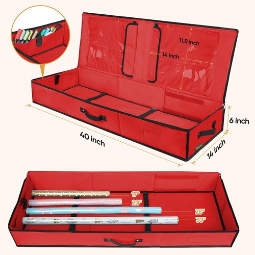 BALEINE Gift Wrap Storage Organizer - 40" Durable 600D Oxford Fabric Bag with Flexible Partitions | Red