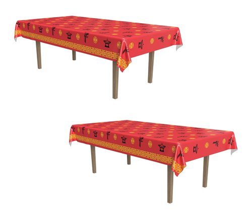 Beistle 2-Count Asian Tablecover, Chinese New Year Decorations & Plastic Table Cloth, Party Supplies & Cultural Tableware for Celebrations, 54" x 108"