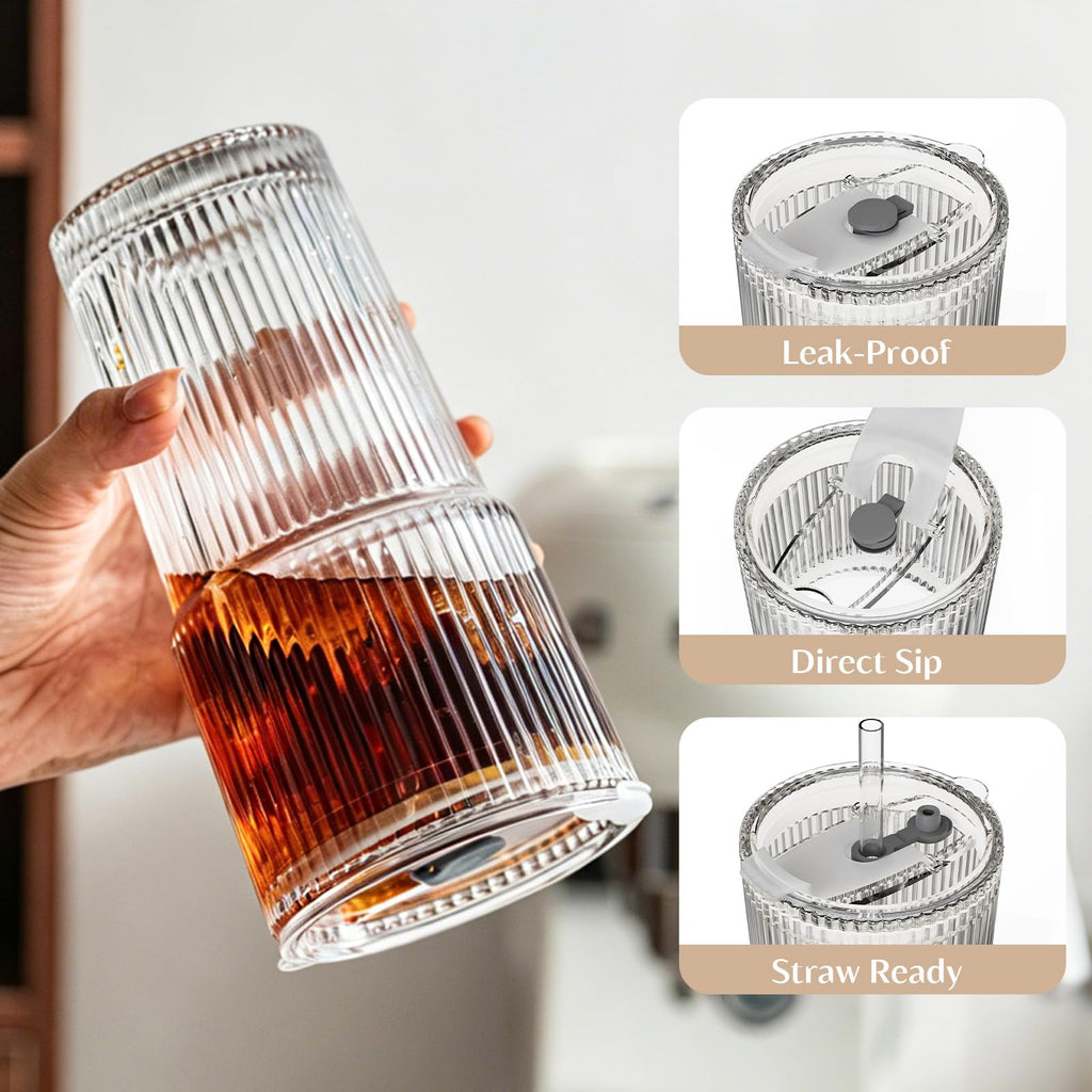 INSETLAN 8-Piece Glassware Set – 20 oz Ribbed Glass Tumblers with Lids and Glass Straws, Heavy-Duty Tumblers, Ideal for Iced Coffee, Smoothies, Cocktails, and Juices – Elegant and Durable Drinkware