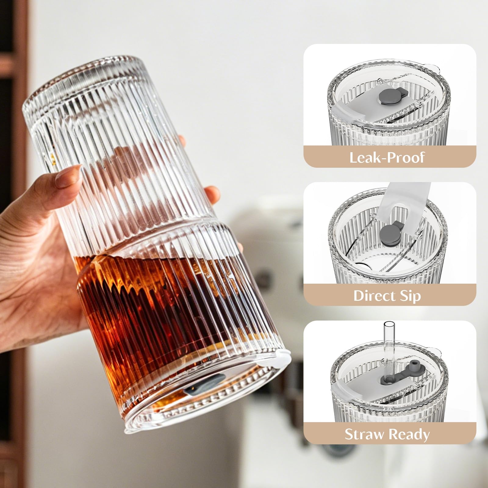 INSETLAN 8-Piece Glassware Set – 20 oz Ribbed Glass Tumblers with Lids and Glass Straws, Heavy-Duty Tumblers, Ideal for Iced Coffee, Smoothies, Cocktails, and Juices – Elegant and Durable Drinkware