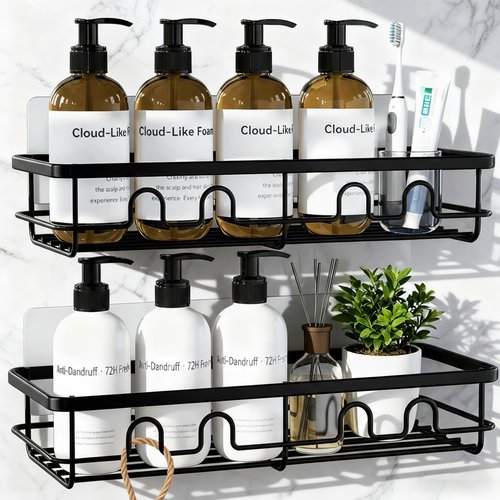 Dimyno Adhesive Shower Caddy, Large Capacity Shower Racks for Inside Shower, No Drill Bathroom Shower Organizer and Storage, 2 Pack Black Bathroom Shelves, Home Decor Rv Accessories, Apartment
