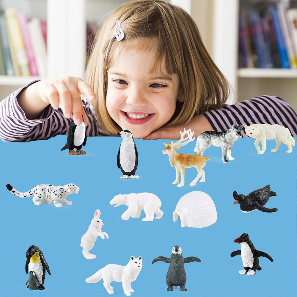 RCOMG Arctic Animal Figurines - 14-Piece Mini Polar Animal Toy Set with Fox, Wolf, Reindeer & Penguins