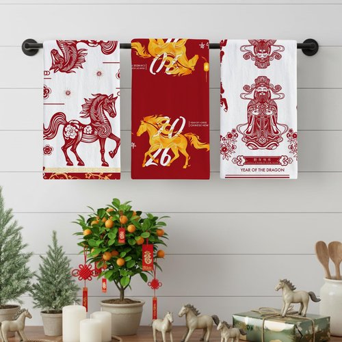 Chinese New Year Kitchen Towels Set of 4 16x24 Inch Lunar Chinese New Year Hand Towels Zodiac Horse Farmhouse Dish Cloths Red Flower Decoration for Holiday Cleaning Spring Festival Housewarming Gifts