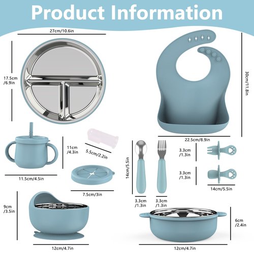 13 Pack Silicone Baby Feeding Set, BPA-Free Stainless Steel Toddler Feeding Supplies, Include Suction Plates, Baby Bowls, Silicone Fork & Spoon, and More, First Stage Baby Dish Set - 6+ Months