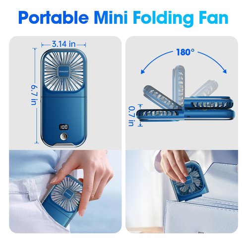 ZEXALIGHT USB Rechargeable Upgraded 5-in-1 Portable Handheld Fan, Necklace Fan, Mini Desk Fan, Foldable Phone Stand, 4 Speeds Airflow, Quiet Personal Fans with LED Digital Screen (Blue)