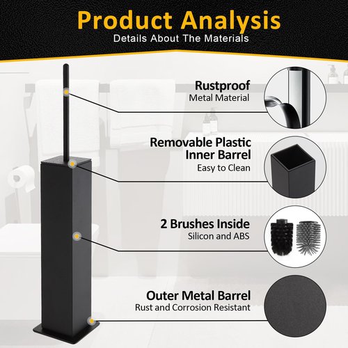 Toilet Brush and Holder Floor Standing, Black with 2 Replaceable Heads, Bathroom Toilet Brush, Freestanding Toilet Bowl Brush with Removable Liner and Splash Guard, Modern Square Design