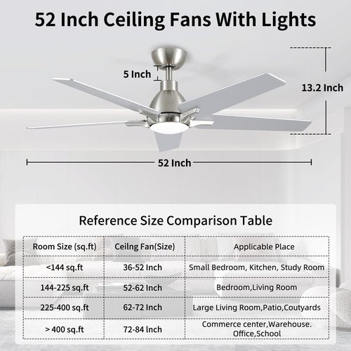 putroad 52 Inch Ceiling Fans with Lights: Brushed Nickel Ceiling Fan with Light and Remote for Bedroom Living Room Dining room Patio, 3CCT Dimmable 6 Speeds Reversible Quiet DC Motor