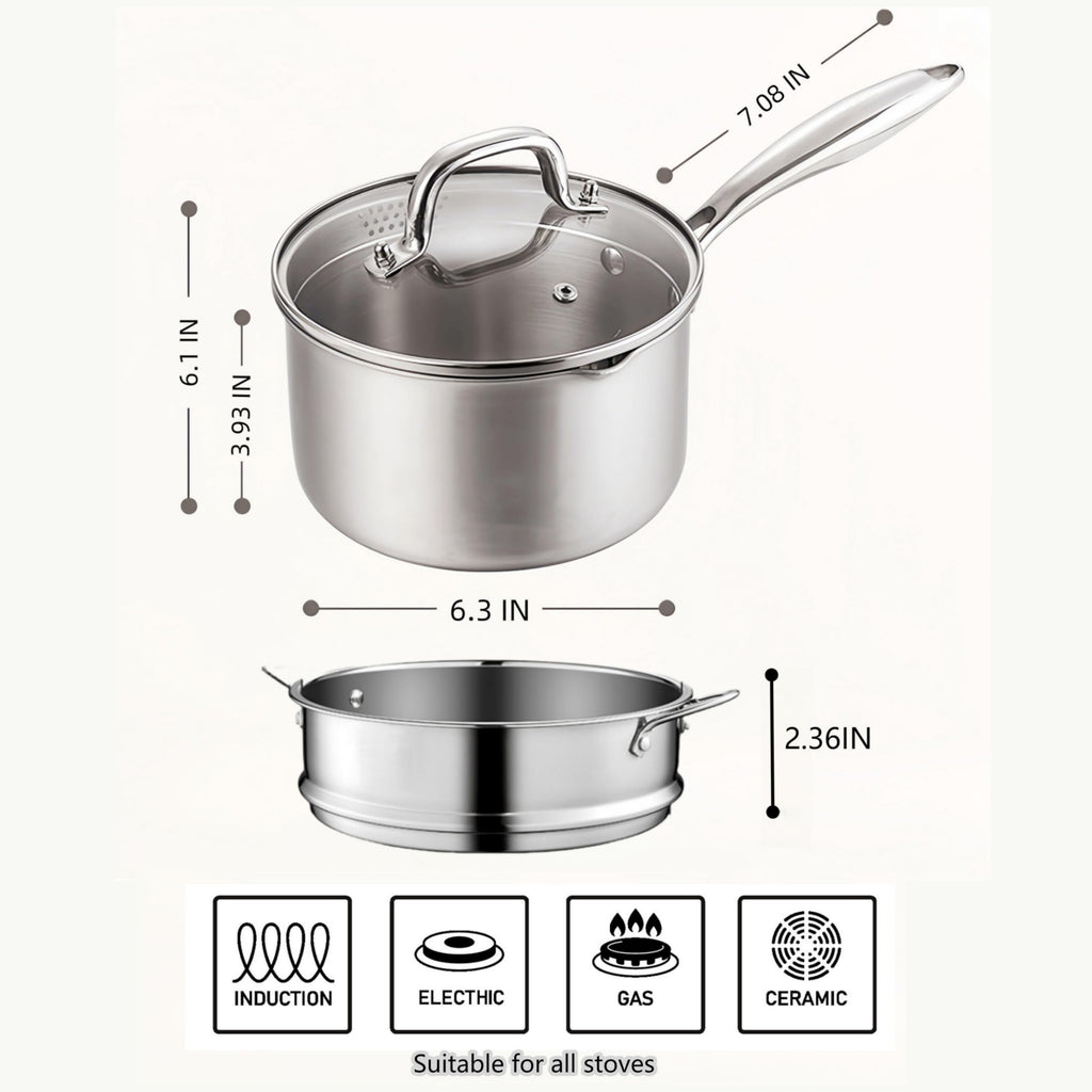 KANGXW 2.0 Quart Stainless Steel Saucepan With steamer,With Pour Spout and Filter Glass Lid Milk Pan, Sauce, Gravy, Pasta Stock Pot For All Stovetops