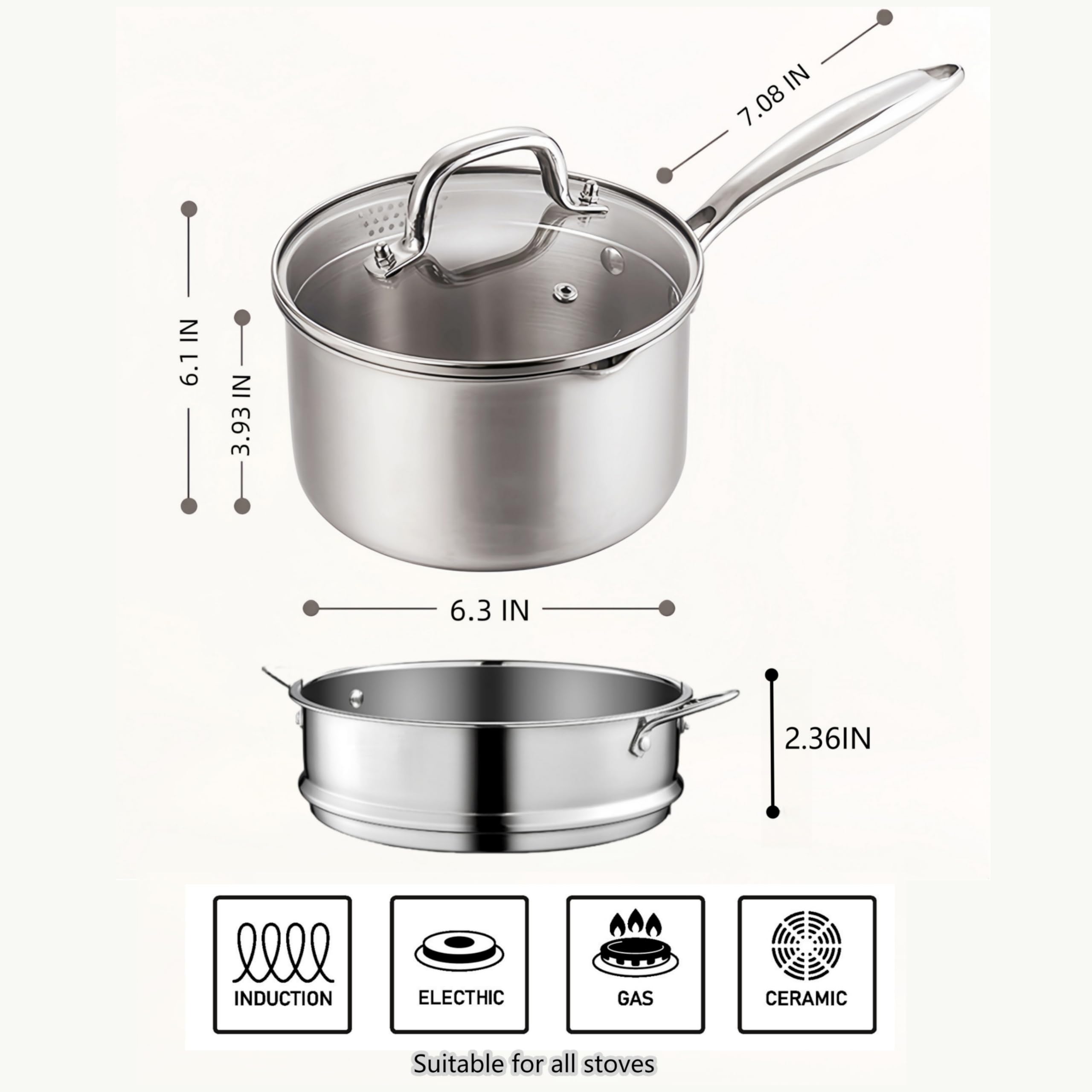 KANGXW 2.0 Quart Stainless Steel Saucepan With steamer,With Pour Spout and Filter Glass Lid Milk Pan, Sauce, Gravy, Pasta Stock Pot For All Stovetops