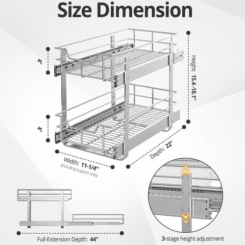 ZOINLIY Pull Out Cabinet Organizer, Versatile Slide Out Kitchen Organizers and Storage,Heavy Duty Drawer Cupboard Storage Basket, Smooth Sliding, Chrome Finish (2-Tiers-11¼''W×22“D)
