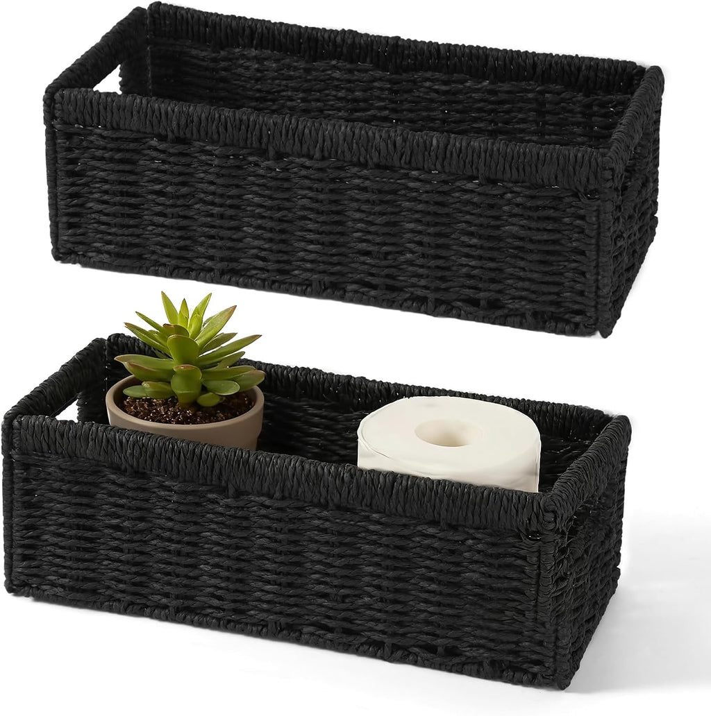 Paper Rope Storage Basket - 2 Pack Foldable Wicker Baskets with Handles | Decorative Large Organizers for Bathroom