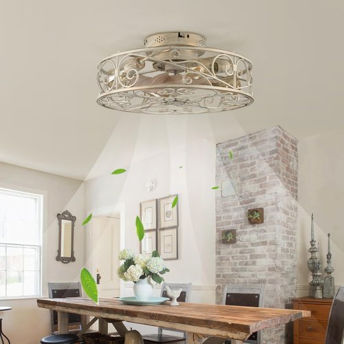XUDOM 20" Caged Ceiling Fans with Lights and Remote, Bladeless Ceiling Fan 6 Speed Reversible with 4 Bulbs and Remote Control,Flush Mount Caged Ceiling Fan for Bedroom, Living Room, (Include Bulbs)