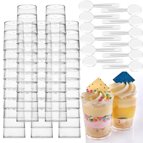 CEZOOWYEX 100 Pack Mini Dessert Cups, 3oz Clear Shooter Cups with Spoons, Plastic Mousse Cups for Party, Ice Cream, Puddings, Chocolate, Round Appetizer Parfait Tasting Cups