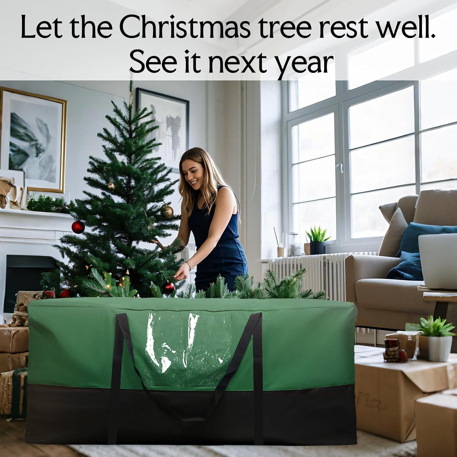 Skiennix Christmas Tree Storage Bag - Heavy Duty 600D Oxford Material for Up to 10 Ft Trees | Dampproof with Reinforced Handles & Dual Zipper